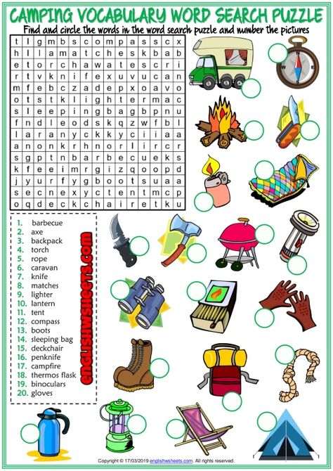 Camping Word Search, Camping Worksheets, Dictionary For Kids, Word Search Puzzles Printables, Puzzle Worksheet, Camping Classroom, Camping Activities For Kids, Camping Theme Classroom, Esl Vocabulary