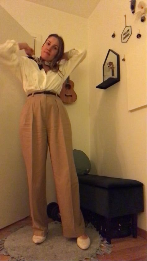 Classic vintage office look: White oversized button shirt with beige high waist pants from Gant. @VIVAIAofficial hemp shoes with Vintage silk scarf and amethyst chrystal necklace. Vintage Silk Scarf, Vintage Office, Office Look, High Waist Pants, French Chic, Waist Pants, Button Shirt, Vintage Silk, Classic Vintage