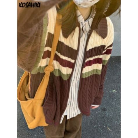 US $24.16 39％ Off | Y2k Aesthetic Vintage Tassel Knitted Cardigan 2023 Spring Oversize Loose Contrast Women Sweater Zipper Harajuku Cardigan Femme Cute Cardigans Aesthetic, Scandi Aesthetic Fashion, Cute Brown Outfits, Knitted Cardigan Outfit, Warm Winter Aesthetic, Brown Clothes Aesthetic, Womens Winter Outfits, 90s Cottagecore, Zipper Sweater