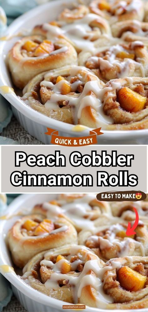 These peach cobbler cinnamon rolls are a very gooey and soft roll. It is filled with brown sugar/ cinnamon, peach jam, and cinnamon crumb topping. They are topped with cream cheese icing. This recipe is perfect if you want to use fresh or frozen peaches. Peach Cobbler Egg Rolls, Peach Cobbler Cinnamon Rolls, Peaches Cream Cheese, Cinnamon Roll Recipes, Pillsbury Biscuits, Frozen Peaches, Cinnamon Rolls Easy, Peach Cobbler Easy, Active Dry Yeast