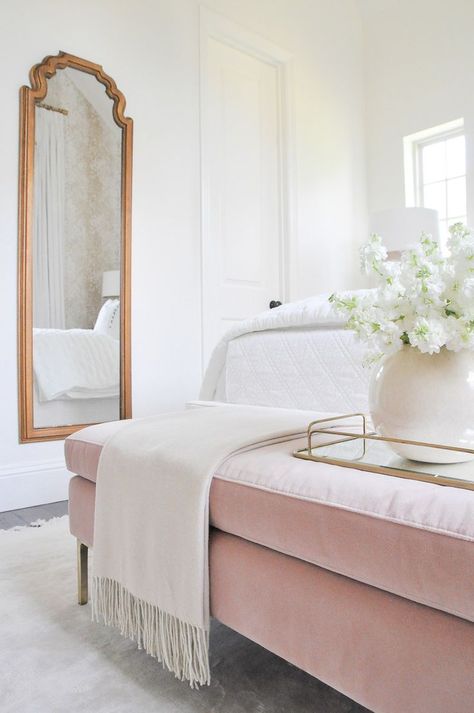 Guest Bedroom – Adding Finishing Touches #bedroomdecor #bedroomdesign #beautifulbedroom #whitebedroom #goldmirror Velvet Bench, Pink Bedroom Decor, Bedroom Updates, Pink Bedrooms, Small Bedroom Decor, Pink Bedroom, Diy Lamp, White Bedroom, Guest Bedrooms