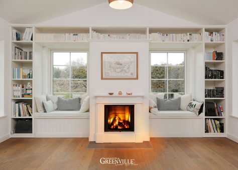 Built In Shelves Around Fireplace With Windows, Fireplace Window Seats Built Ins, Windows With Fireplace In Middle, Bookshelf On Side Of Fireplace, Mantle Between Windows, Built In Shelves Living Room Window, Shelving Between Windows, Built Ins Around Windows And Fireplace, Built In Benches By Fireplace