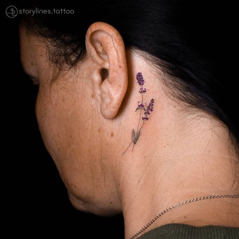 Cool Floral Tattoos, Lavender Tattoo Behind Ear, Lavender Tattoo, Wildflower Tattoo, Neck Tattoo, Piercing Tattoo, Color Tattoo, Behind Ear Tattoo, Back Tattoo