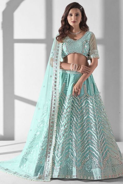 Aqua Blue Embroidered Net Designer Lehenga Choli Indian Ghagra Choli, Indian Ghagra, Gota Patti Lehenga, Plus Size Lehenga, Sequin Lehenga, Gota Patti Work, Bridesmaid Lehenga, Powder Blue Color, Net Embroidery