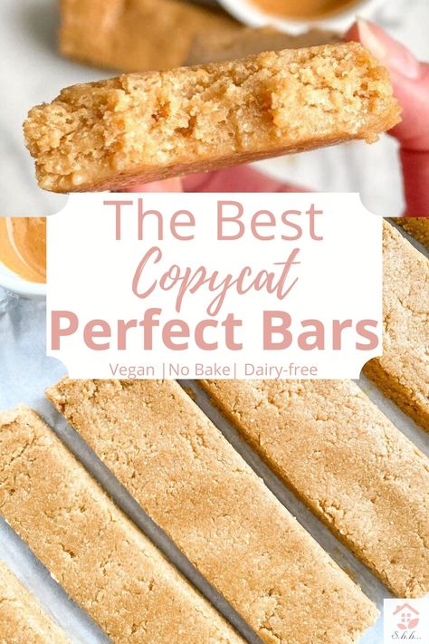 Homemade perfect bars copycat recipe! You only need 5 ingredients to make them and no baking required! This peanut butter perfect bar recipe is so easy and the bars are crazy chewy! The best peanut butter protein bar ever! This diy recipe will have you in shock! They taste exactly like the real protein bar you get from the store. #proteinbar #peanutbutter #healthysnack Vegan Peanut Butter Protein Bar, Grain Free Protein Bar, Peanut Butter Protein Bars Healthy, High Protein Vegan Bars, Peanut Butter Protein Bars No Bake, Perfect Protein Bar, Peanut Butter Perfect Bar Recipe Copycat, Diy Keto Protein Bars, Diy Perfect Bars