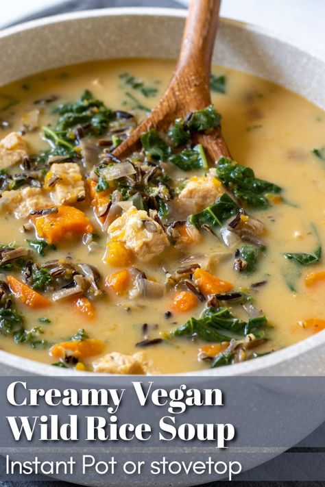 This cozy and nutritious wild rice soup is loaded with veggies like kale and butternut squash and is a breeze to make in the Instant Pot or on the stovetop. Creamy yet light and 100% vegan! #vegansoup Vegan Rice Soup, Vegan Instant Pot Soup, Vegan Wild Rice Soup, Vegan Wild Rice, Soup Sunday, Vegan Butternut Squash Soup, Vegan Cornbread, Vegan Paleo Recipes, Fall Veggies