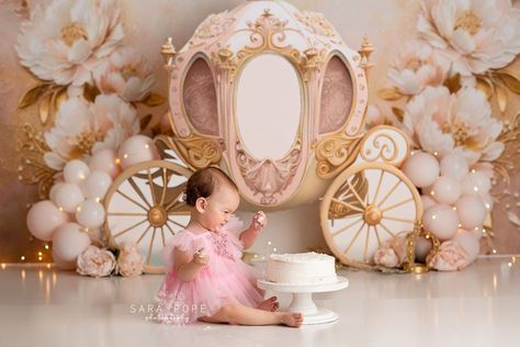 Pink gold princess horse carriage Cinderella carriage floral painted backdrop cake smash first birthday Up Cake Smash, Gold Carriage, Theme Photoshoot, Baby Shower Background, Backdrops Kids, Princess Theme Birthday, Up Cake, Princess Theme Birthday Party, Smash Cake Girl