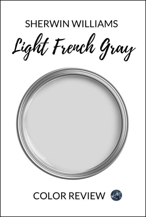 Sherwin Williams Light French Gray, a top gray for walls, exteriors, and cabinets. Learn its undertones, LRV, and more in this blog post from Kylie M Online Paint Color expert. #graywalls #sherwinwilliams #diy #kyliem Light Grey Garage Walls, Silver Gray Paint Colors, Light French Gray Behr, Light French Grey Sherwin Williams, Sherwin Williams Light Gray, Light French Gray Coordinating Colors, French Grey Bathroom, French Gray Sherwin Williams, Zircon Sherwin Williams