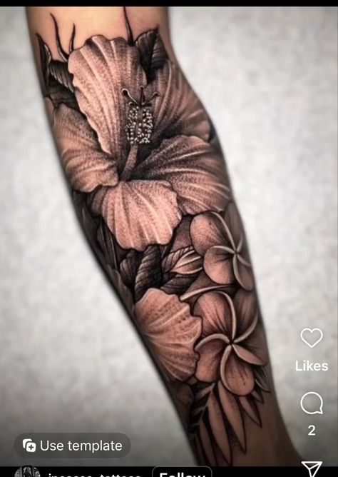 Lily Flower Tattoos Sleeve, Hibiscus Flower Tattoos Sleeve, Hibiscus And Plumeria Tattoo, Jamaica Tattoo, Exotic Flower Tattoos, Tropical Flower Tattoos, Scenery Tattoo, Hawaiian Flower Tattoos, Plumeria Tattoo