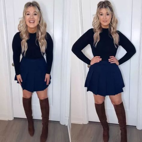 Is this not full Sailor Moon vibes? Love this combo 😍💫✨ #LTKcurves#LTKstyletip#LTKSeasonal Skater Skirt Outfit, Blue Skater Skirt, Skirt Ideas, Outfits Edgy, Midsize Fashion, High Waisted Pleated Skirt, Stitch Fix Outfits, Knee Boot, Skirt Outfit