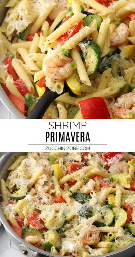 Shrimp primavera recipe by The Toasty Kitchen. Shrimp primavera is a flavorful, veggie-packed meal that's easy to make any time of year. Pasta, shrimp, and fresh seasonal veggies are tossed in a light lemon sauce to make this easy dish. #shrimpprimavera #primavera #dinnerideas #lightmeals #summer Pasta And Squash Recipe, Zucchini Shrimp Boats, Shrimp Squash Recipes, Shrimp Zucchini Pasta Recipes, Shrimp Veggie Pasta, Squash And Shrimp Recipes, Shrimp Recipes Easy Healthy, Shrimp And Zucchini Recipes, Shrimp Primavera Recipe