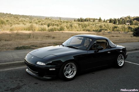 Black NA Miata with 15x8+11 O-Disk Meisters with 195/50/15 S.Drives by FreshJuiceBox Miata Mods, Miata 1990, Na Miata, Miata Car, Mx5 Mk1, Work Wheels, Mx5 Na, Mazda Roadster, Mazda Miata Mx5