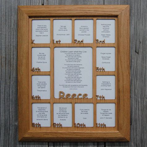 See the progression of your little one growing up through the years before your eyes in this beautiful 11x14 School Years Picture Frame. This frame features an opening of each year and is personalized with your child's name. It will be a fun way to see how they grow and change from Kindergarten through their Senior year. And as they get older, they will have fun look back and remember all the fun they had in those school days. Size: -11x14 holds 13 pictures of various size larger picture is 5 x School Pictures Display, School Years Picture Frame, School Picture Frames, One Year Pictures, Name Pictures, 12th Grade, Babies First Year, School Pictures, Small Pictures