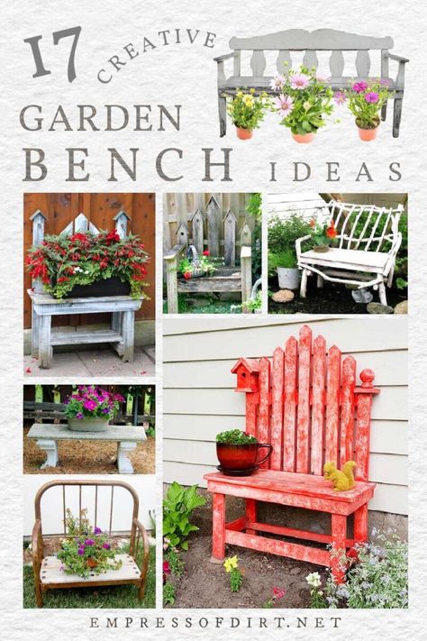 Garden Benches Wooden, Birdhouse Bench Ideas, Rustic Garden Bench Ideas, Outside Bench Decor, Flower Bench Ideas, Wooden Garden Benches Ideas, Old Bench Ideas Garden, Garden Bench Ideas Diy, Outdoor Garden Bench Ideas