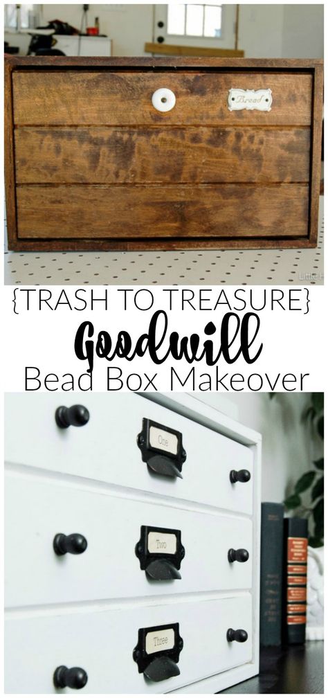 {Trash to Treasure} An old and dated bread box gets turned into beautiful storage. - Little House of Four. Other Uses For Bread Boxes, Breadbox Repurposed, Breadbox Makeover, Bread Box Makeover Ideas, Wood Bread Box Makeover, Refurbished Bread Box Vintage, Garage Sale Finds, Bread Boxes, Beaded Boxes