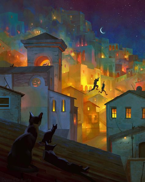 Devin Elle Kurtz, Night Illustration, Arte Inspo, Arte Fantasy, 판타지 아트, Art And Illustration, Environment Concept Art, Parkour, The Village