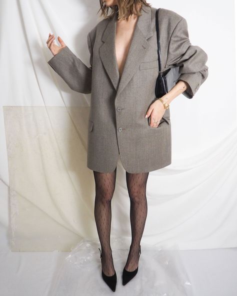 You like our vintage outfits! Find them on our e-store: Untitled1991.com. | International shipping. Oversized Blazer Dress, Tights And Heels, Mens Fashion Blazer, Slingback Heels, Vintage Clothing Online, Tights Outfit, Gray Suit, Slingback Heel, Oversized Blazer