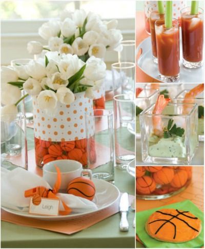 Elegant basketball party centerpiece idea. I like this, not sure if shay wants to have a feminine touch... Sports Themed Wedding Reception, Basketball Centerpieces, Basketball Wedding, Sports Party Centerpieces, March Madness Parties, Basketball Baby Shower, Banquet Centerpieces, Sports Themed Wedding, Basketball Theme Party