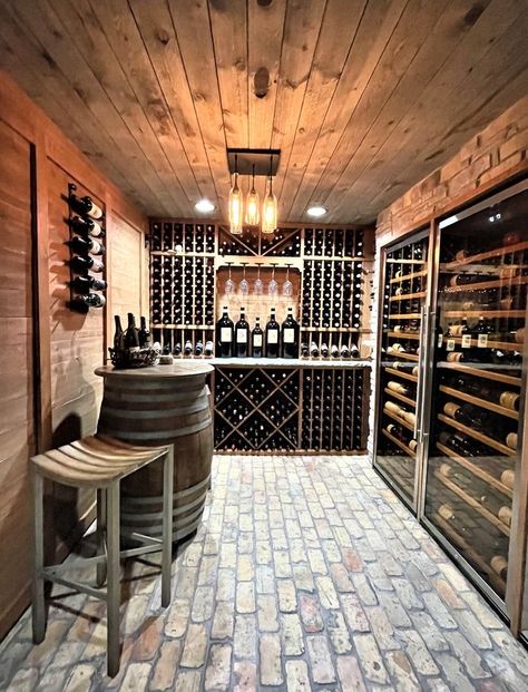 Wine Place Ideas, Wine Cellar Basement Man Caves, Simple Wine Cellar, Farmhouse Wine Cellar, Wine Cellar Lighting Ideas, Bloxburg Wine Cellar, Wine Rooms In House, Basement Wine Cellar Ideas, Wine Making Room