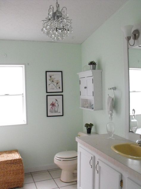 Violet Bathroom, Gnome Bathroom, Mint Green Bathroom, Green Bathroom Colors, Mint Green Paint, Yellow Bathroom Tiles, Light Green Bathrooms, Rings Drawing, Mint Green Bathrooms