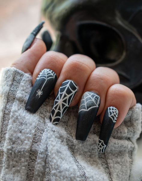 "Matte black spiderweb press on nails. Design is shown on \"medium Coffin\".  *Colors and finishes are able to be customized on any of our nail sets.* *Please note that design may differ slightly due to nail shape and size chosen for the design.* Each set of nails is meticulously hand painted and my heart gets put into each set I make. I strive to create a gorgeous set of nails that you will love! When applied correctly our nails are able to last 2-3 weeks. They can also be reused when removed p Nails Matte Black, Lotus Nails, Press On Nails Design, Spiderweb Design, Medium Coffin, Halloween Press On Nails, Nails Matte, Sassy Nails, Gel Nail Tips