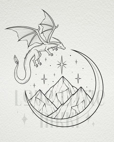 This simple yet elegant tattoo design is for Lindsay 🌙✨ she wanted to incorporate Andarna from Fourth Wing into the Velaris Mountain, Ramiel from ACOTAR 📖 #acotar #fourthwing #booktattoo Fantasy Tattoos Simple, Wings Of Fire Tattoo, Acotar Illustration, Acotar Quote Tattoo, Fourth Wing Tattoo Designs, Lightning In A Bottle Tattoo, I Am No Man Tattoo, To The Stars Who Listen Tattoo, Rhysand Knee Tattoo