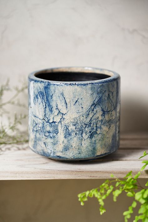 A one-of-a-kind glaze adds naturalistic detail to this ceramic cylinder pot. Large Ceramic Planters, Orchid Pot, Hand Built Pottery, Ceramic Flower Pots, Glaze Ceramics, Pottery Glazes, Ceramics Projects, Creative Living, Hand Poured Candle