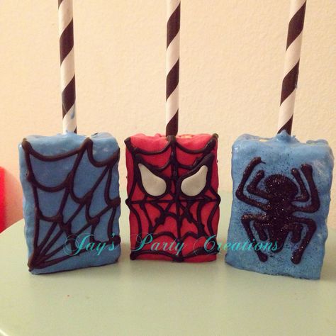 Spider-Man themed rice Krispy treats Spiderman Rice Krispie Treats, Spider Man Rice Krispies, Spiderman Rice Crispy Treats, Spider Man Treats, Rice Krispie Treat Pops, Birthday Party Spiderman, Bday Party Boy, Chocolate Dipped Rice Krispie Treats, Spidey Party