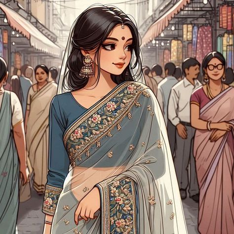 Indian Anime Woman, Saree Illustration Digital, Indian Anime Art, Girl In Saree Sketch, Girl In Saree Illustration, Indian Wear Illustration, Indian Women Drawing, Indian Girl Illustration, Indian Girl Painting