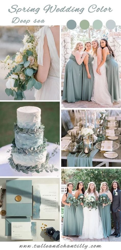 2022 spring wedding idea in deep sea bridesmaid dresses Sea Glass Wedding Bridesmaid Dress, Sea Green Wedding Colors, Sea Glass Color Wedding Theme, Deep Sage Bridesmaid Dresses, Sea Glass Blue Bridesmaid Dresses, Deep Sea Blue Wedding, Sea Glass And Blush Wedding, Aqua Marine Wedding Theme, Sage Green And Sea Glass Wedding