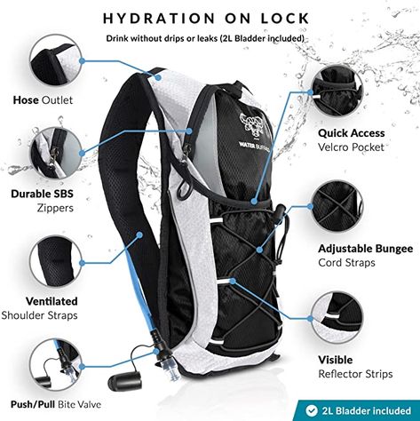 Water Buffalo Hydration Backpack - Lightweight Hydration Pack with 2L Water Bladder - Water Backpack for Hiking, Running, Biking, and Raves - Road Runner 12L Hydropack Backpack Backpack For Hiking, Water Backpack, Water Bladder, Hydration Backpack, Hydration Pack, Water Buffalo, Road Runner, Hiking Backpack, Buffalo