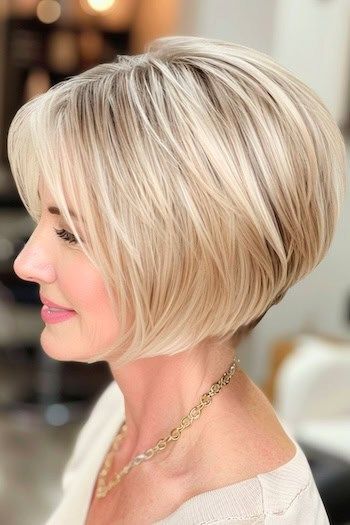 Rounded Wedge Bob Haircut on smiling woman in her 50s with blonde hair, side view. Chin Length Bobs, Wedge Bob Haircuts, Short Stacked Wedge Haircut, Hair Side View, Fashionable Haircuts, Bob Haircut Back View, Wedge Haircuts, Undercut Bob Haircut, Pixie Haircut Fine Hair