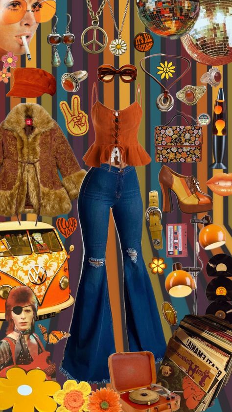 70s inspired look - - - #70s #70saesthetic #that70sshow #vintage #vintageaesthetic #retro #retroaesthetic #aesthetic #orange #shoes #davidbowie #jewelry #fashion #fashioninspo #outfit #outfitinspo #outfitinspiration #collages #bellbottoms #hat #jacket #rings #sunglasses 70s Theme Outfit, 70s Hippie Outfits, Hippie Outfits 70s, 70s Outfits Ideas, 70s Disco Outfit, 70’s Outfit, Hippie Costume Halloween, 70s Inspired Outfits, 70 Outfits