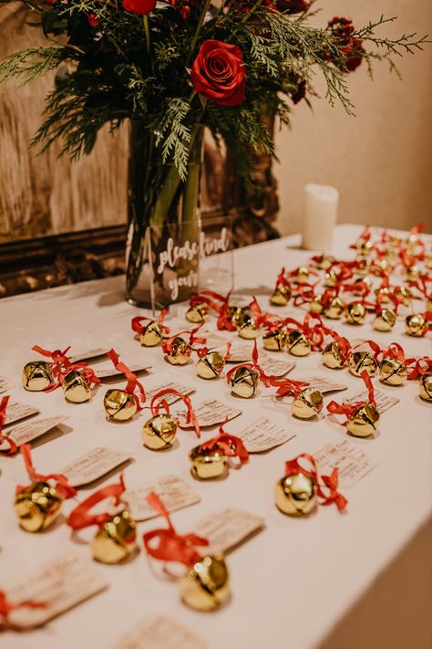 Jingle Bell Place Card Holder, Christmas Rustic Wedding Ideas, Burgundy And Gold Christmas Wedding, December 1st Wedding, Christmas Wedding Background, Classy Christmas Wedding Decor, Christmas Wedding Gift Table, White And Gold Christmas Wedding, Winter Wedding Styling