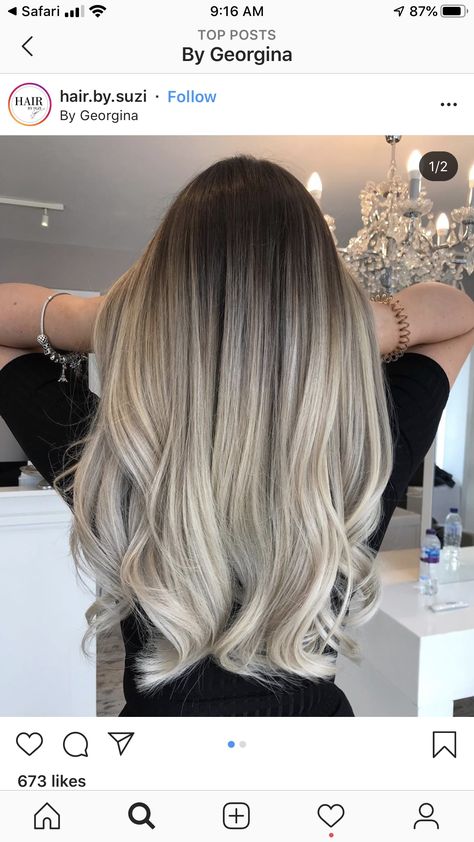 Icy Ombre Hair, Dark Brown To Icy Blonde Balayage, Root Melt Brown To Blonde, Blonde Hair Color Ideas Dark Roots, Balliage Hair Blonde, Ombre Blonde Hair Dark Roots, Silver Blonde Hair Balayage, Long Blonde Balayage Hair, Cool Blonde Balayage Dark Roots