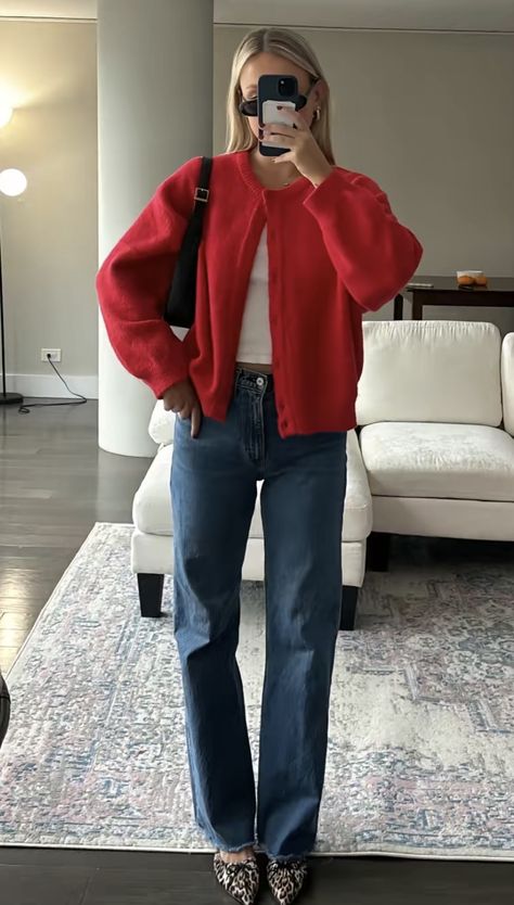 90s Christmas Outfit Women, Red Leather Jacket Outfit Casual, Red Cardigan Christmas Outfit, Christmas Jeans Outfits Women, Cardigan Over Shoulders Outfit, Red Sweater And Jeans Outfit, New Orleans Outfits Winter, Holiday Jeans Outfit, Fall Red Outfit