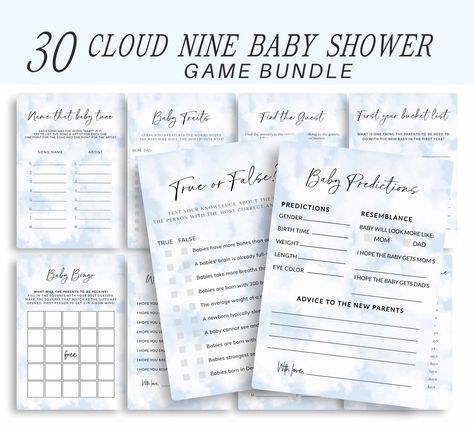 Cloud Nine Baby Shower Game Bundle, On Cloud Nine Shower Games, Cloud Baby Shower Games, Cloud Theme, Cloud Nine Shower Bundle, Printable by SophiaMariePaperie on Etsy We’re On Cloud Nine Baby Shower Theme, On Cloud Nine Baby Shower Theme, Cloud Nine Baby Shower Theme, On Cloud 9 Baby Shower Theme, Cloud 9 Baby Shower Theme, Games Template, Baby Trivia, Cloud Theme, Baby Predictions