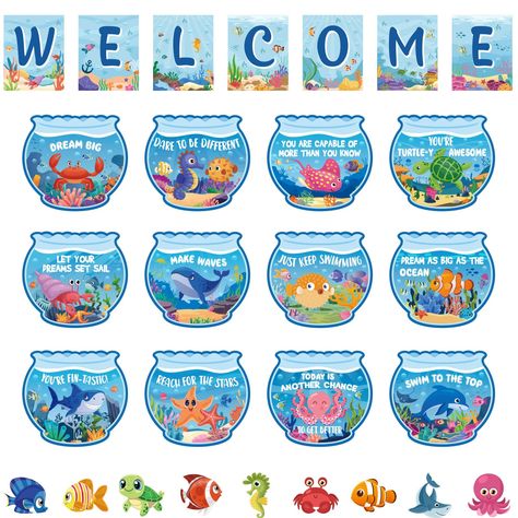 PRICES MAY VARY. Under The Sea Inspirational Design: these ocean bulletin board decorations are featuring a variety of under the sea designs, like starfish, crab, shark, whale, sea turtle and so on; And pairs with various inspirational phrases or words; The sea animals inspirational bulletin board will leave a deep impression on students Package Including: you will receive 7 pieces of welcome signs, 9 pieces of ocean animals cutouts, 12 pieces of ocean inspirational posters and enough adhesive d Ocean Themed Bulletin Boards, Under The Sea Classroom Theme, Daycare Design Ideas, Welcome Bulletin Board, Home School Supplies, Inspirational Bulletin Boards, Welcome Bulletin Boards, Ocean Classroom, Shark Whale