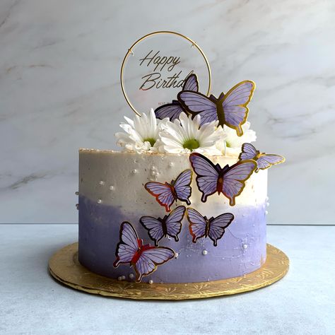 Purple And White Cakes Birthday, Purple And White Butterfly Cake, Floral And Butterfly Cake, Butterfly Cake Ideas Purple, Round Butterfly Cake, Cake With Butterfly Decorations, Butterfly Birthday Cake For Women, 11 Year Birthday Cake, Butterfly Theme Cake Simple