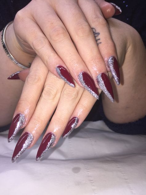 Beautiful red an silver glitterd nails Wine And Silver Nails, Silver And Burgundy Nails, Burgundy Nails With Silver, Maroon And Silver Nails, Burgundy And Silver Nails, Silver And Red Nails, Red Silver Nails, Oxblood Nails, Red And Silver Nails