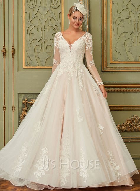 [US$ 425.00] Ball-Gown/Princess V-neck Sweep Train Tulle Lace Wedding Dress Charmeuse Wedding Dress, Tulle Lace Wedding Dress, Sweep Train Wedding Dress, Court Train Wedding Dress, Crepe Wedding Dress, Gown Princess, Bow Wedding Dress, Bird Wedding, Hill Wedding