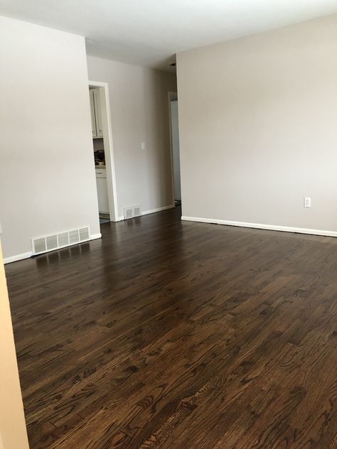 Behr moth gray paint + medium brown stain on oak floors @revisionedhome Moth Grey Paint Behr, Moth Gray Behr, Moth Gray Paint, Behr Moth Gray, Brown Flooring Living Room, Brown Grey Paint Color, Stain On Oak, Brown Grey Paint, Dark Brown Wood Floors