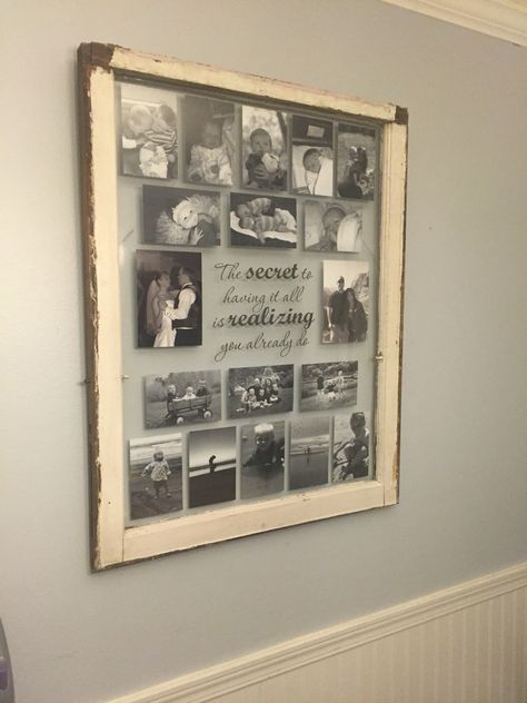 Old single pane window frame turned into a collage photo frame with quote. Collage Ideas Projects, Wall Picture Collage Ideas, Single Pane Window, Wall Picture Collage, Picture Collage Ideas, Old Window Crafts, Single Pane Windows, Window Frame Picture, Picture Frame Collage