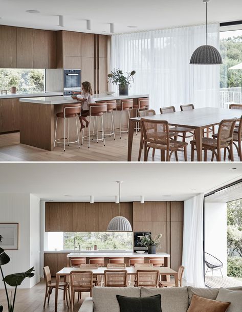 Australian Kitchen Design, Modern Australian Home, Modern Wood Kitchen, Light Wood Kitchens, Open Plan Living And Dining, Open Plan Kitchen Dining Living, Walnut Kitchen, Open Plan Kitchen Living Room, Japandi Interior