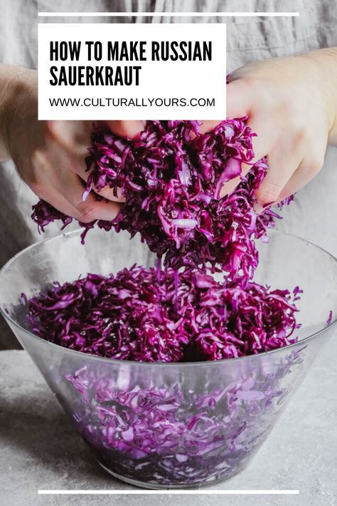 Canning Red Cabbage, Sour Kraut Recipe, Red Cabbage Sauerkraut Recipes, Preserving Cabbage, Saurkraut Recipes Red, Sour Crout Recipe, Sauerkraut Uses, Russian Sauerkraut, Sour Crout