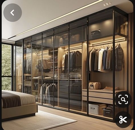 Walking Closet Ideas Modern, Modern Closet Designs Wardrobes, Modern Closet Designs Walk In, Wadrobe Clothes Design Modern, Glass Wardrobe Design Bedroom, Glass Walk In Closet, Bedroom With Walk In Wardrobe, Modern Walk In Wardrobe, Modern Luxury Wardrobe