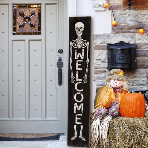 PRICES MAY VARY. Halloween porch Sign: The Halloween Skeleton Porch Sign features a halloween themed design that exudes a strong holiday spirit, adding a spooky touch to your décor. With its eerie design, it's sure to scare away even the bravest of trick-or-treaters. Premium Material: This Halloween porch sign is made of high-quality wood board, Halloween welcome sign, fine workmanship, non-toxic, not easy to fade or break for indoor or outdoor use or can hang wherever you want to hang.If it is Fall Signs Wooden Porch, Standing Welcome Sign, Porch Halloween Decorations, Fall Porch Signs, Glowforge Aura, All Season Porch, Wooden Halloween Signs, Halloween Welcome Sign, Holiday Boards