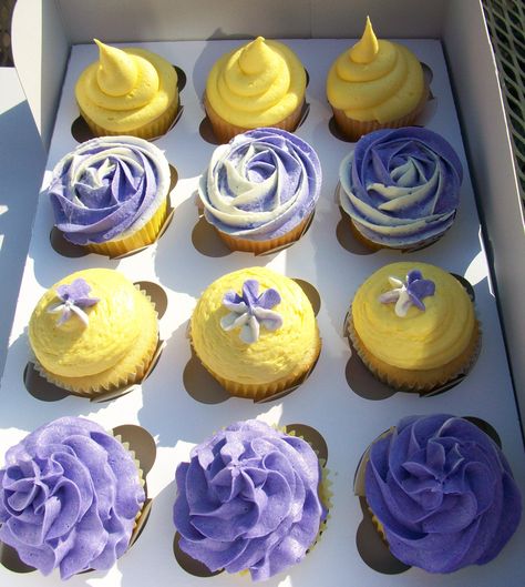 Purple & Yellow Purple And Yellow Dessert Table, Purple Yellow Party Decorations, Purple Yellow Birthday Party Ideas, Purple And Yellow Decorations, Purple And Yellow Gender Reveal Ideas, Purple And Yellow Baby Shower Ideas, Tangled Cupcakes Ideas, Purple And Yellow Cupcakes, Purple And Yellow Birthday Party Decor