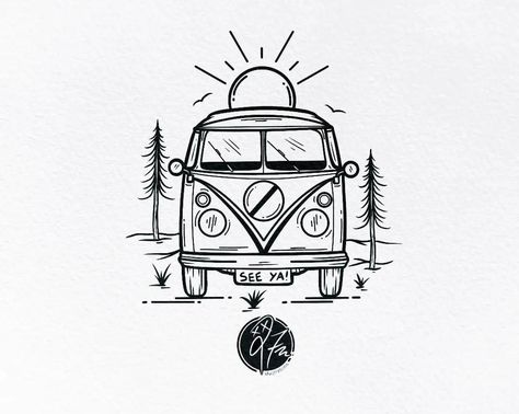 Traveling Drawings Simple, Vw Campervan Tattoo, Combi Van Tattoo, Vw Camper Tattoo, Vw Van Tattoo, Volkswagen Bus Tattoo, Camper Van Tattoo, Van Life Drawing, Vw Bus Tattoo