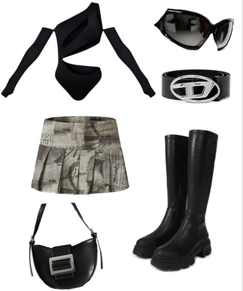 Skirt With Belt Outfit Y2k, Y2k Style Mini Skirt With Belt Loops, Bodysuit Skirt Outfit, Y2k Mini Skirt With Belt Loops, Diesel Belt Outfit, Bodysuit And Skirt Outfit, Y2k Mini Skirt For Alternative Fashion, Diesel Outfits, Fitted Punk Mini Skirt With Belt